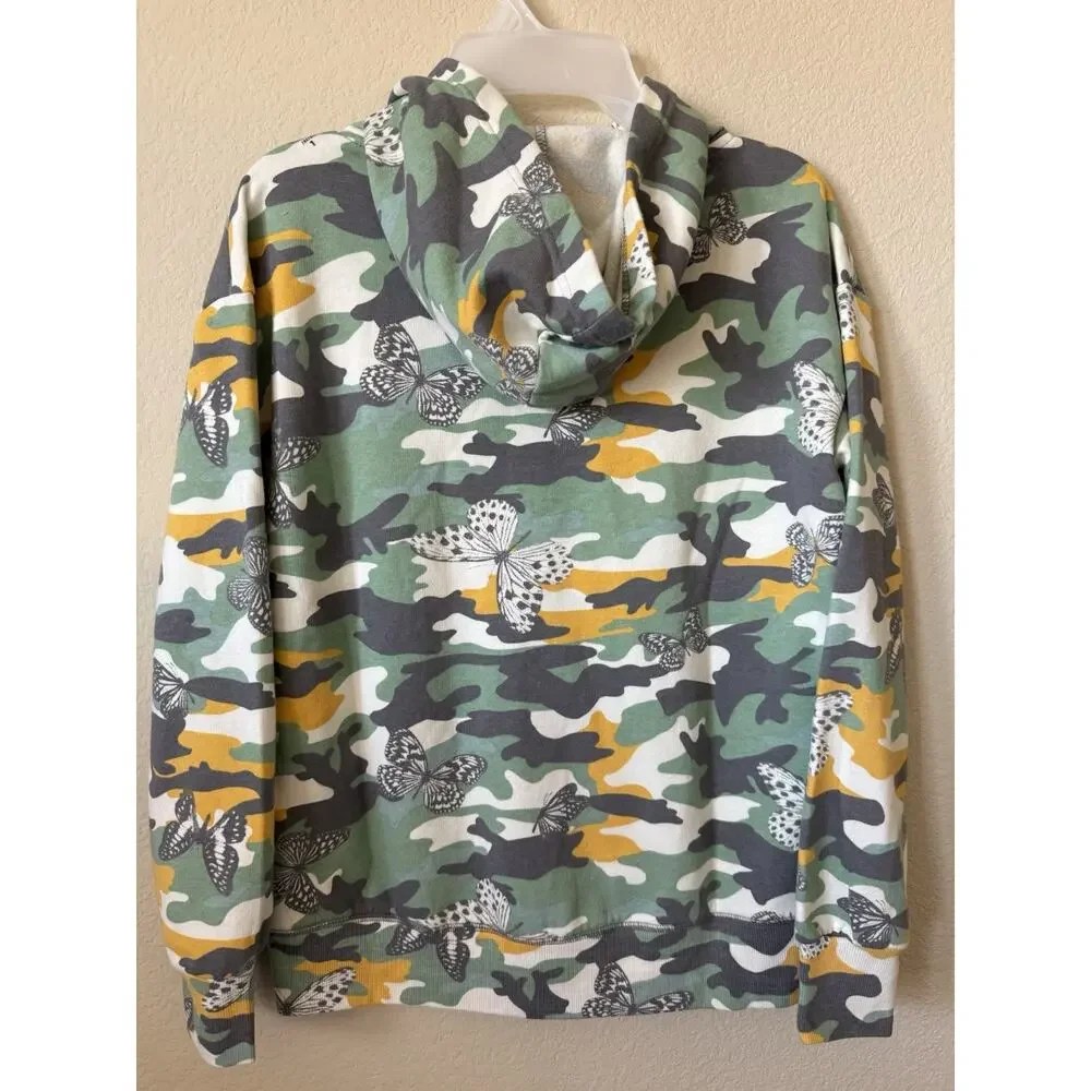 Justice Army Green Butterflies Fleece Full Zip Up Hoodie Jacket Size L 12/14
